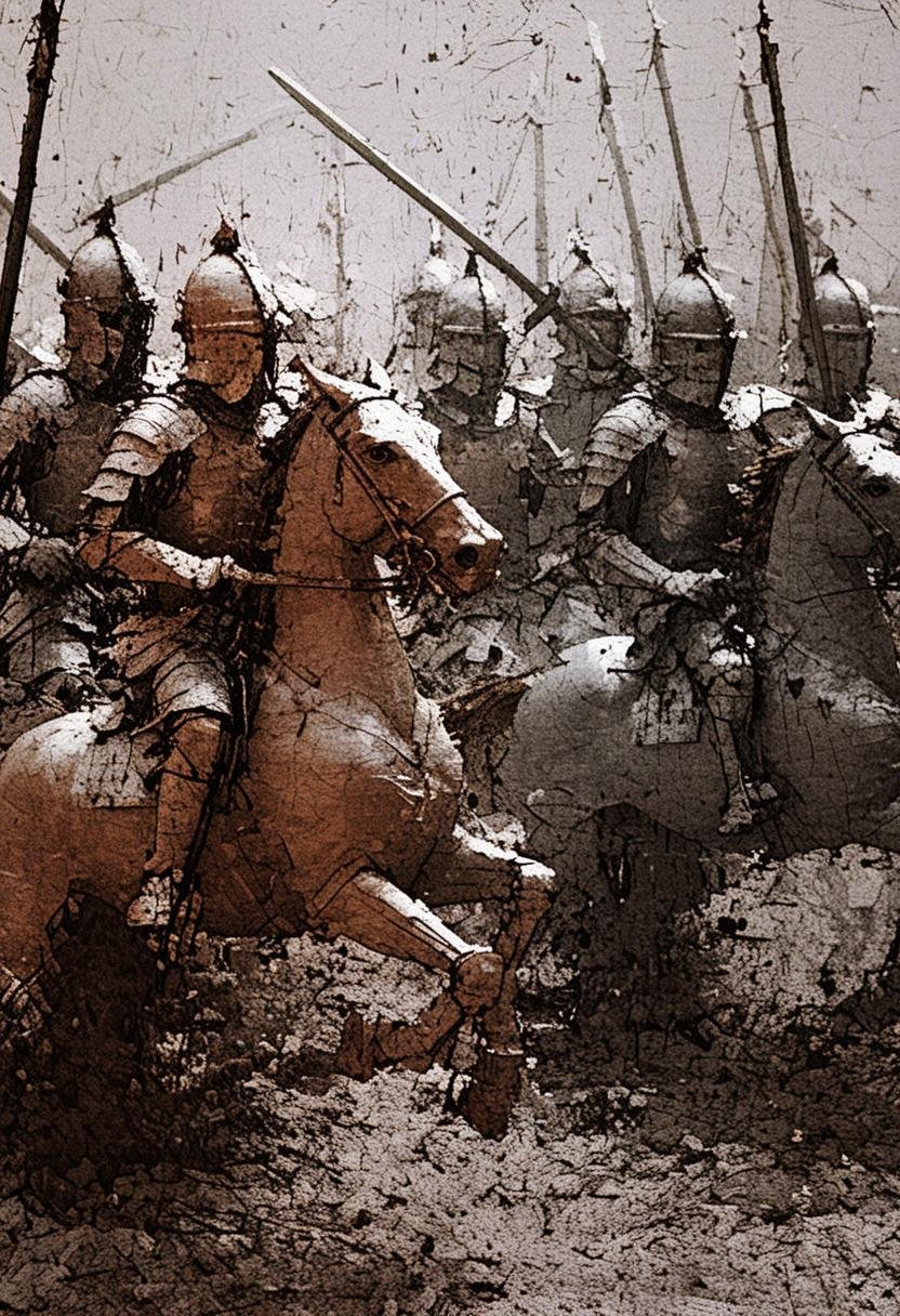 A realistic medieval battle scene,  but the soldiers are riding pastel-colored robotic horses wielding historically accura...