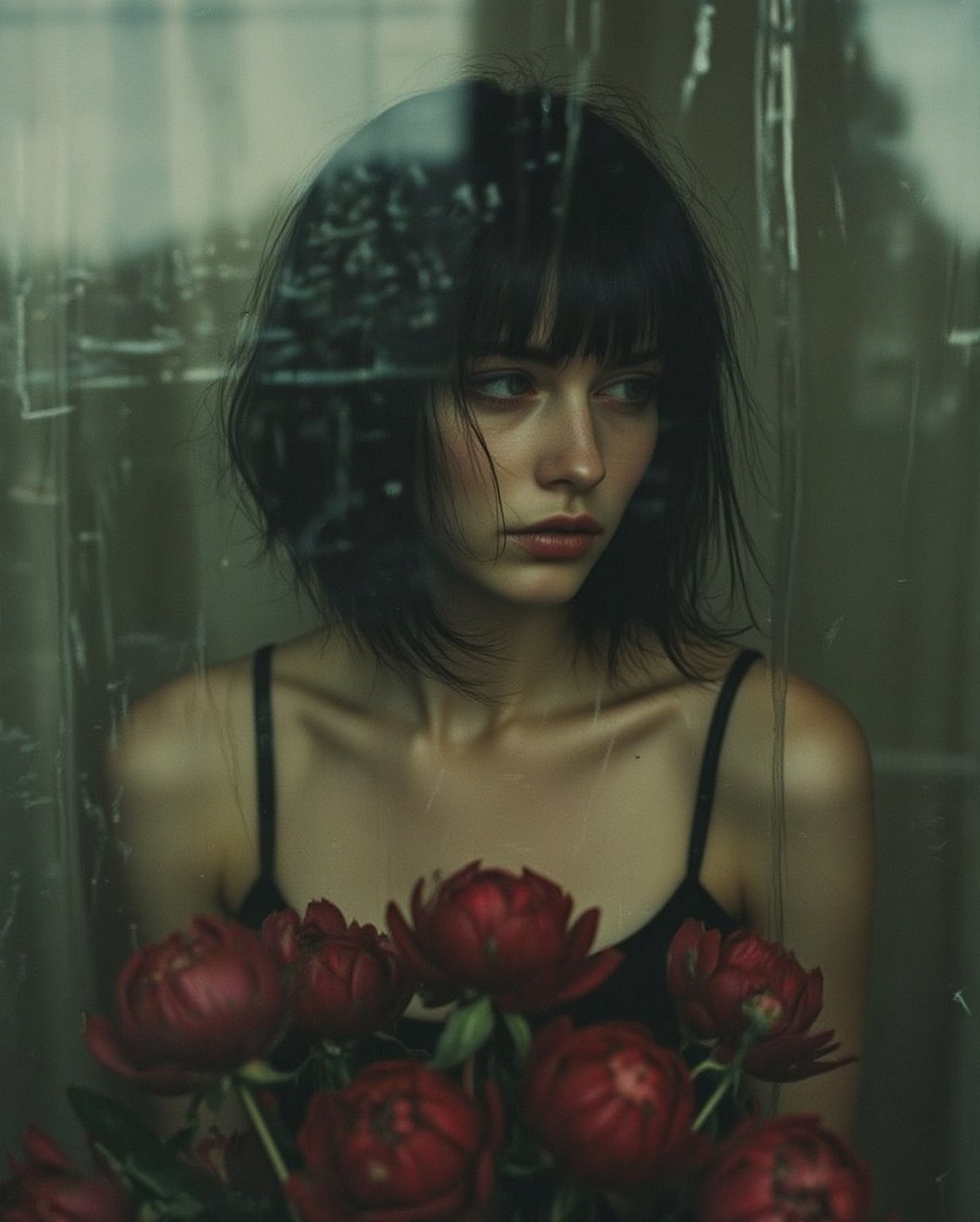 woman with short black bob,  looking slightly off-center,  behind a textured window. impressionistic by Rie on Tensor.Art