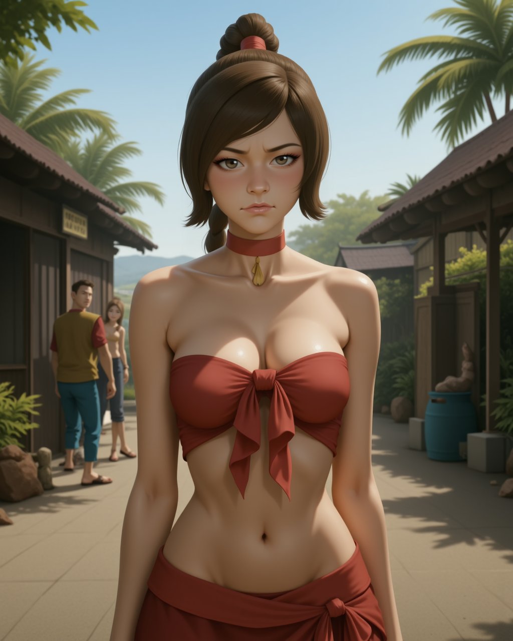 Semi-Realistic digital illustration Style in a wide shot. Looking at viewer,  outdoors in daylight,  18 year old woman by...
