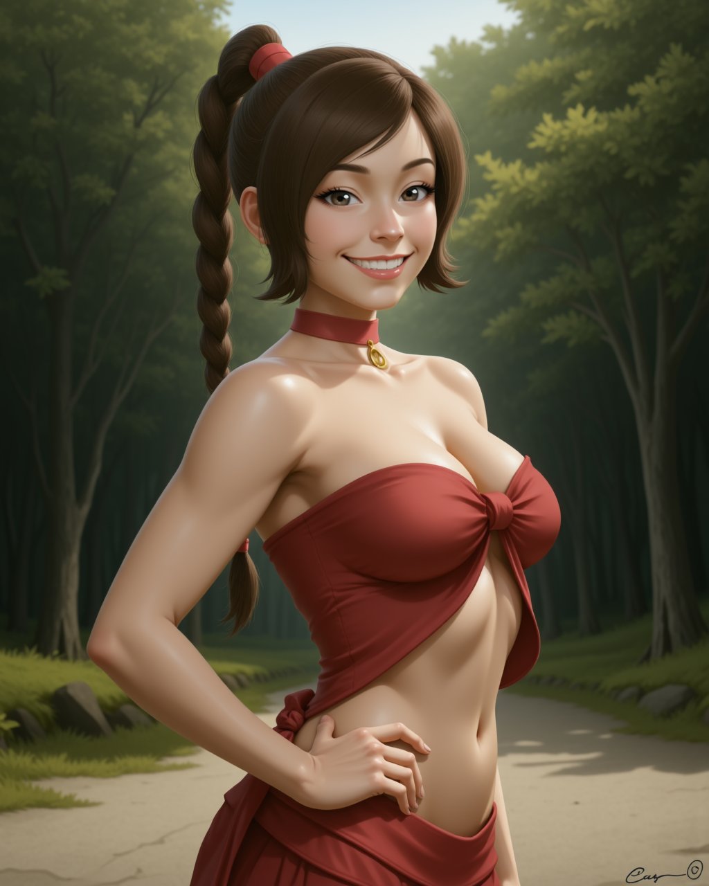 Semi-Realistic digital illustration Style in a wide shot. Looking at viewer,  outdoors in daylight,  18 year old woman by...