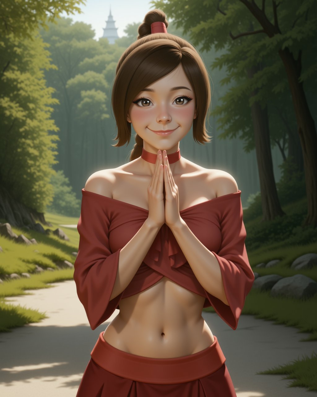 Semi-Realistic digital illustration Style in a wide shot. Looking at viewer,  outdoors in daylight,  18 year old woman by...