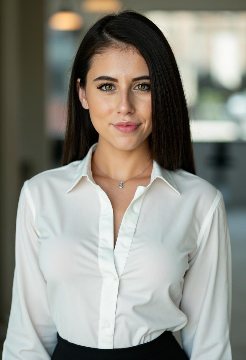Violet Summers,  a poised young professional,  gazes directly into the lens with an air of quiet confidence. Her dark hair...