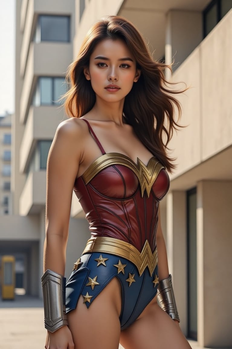 20-year-old woman,  Wonder Woman outfit from WW84,  standing confidently in front of modern European architecture by Eclip...