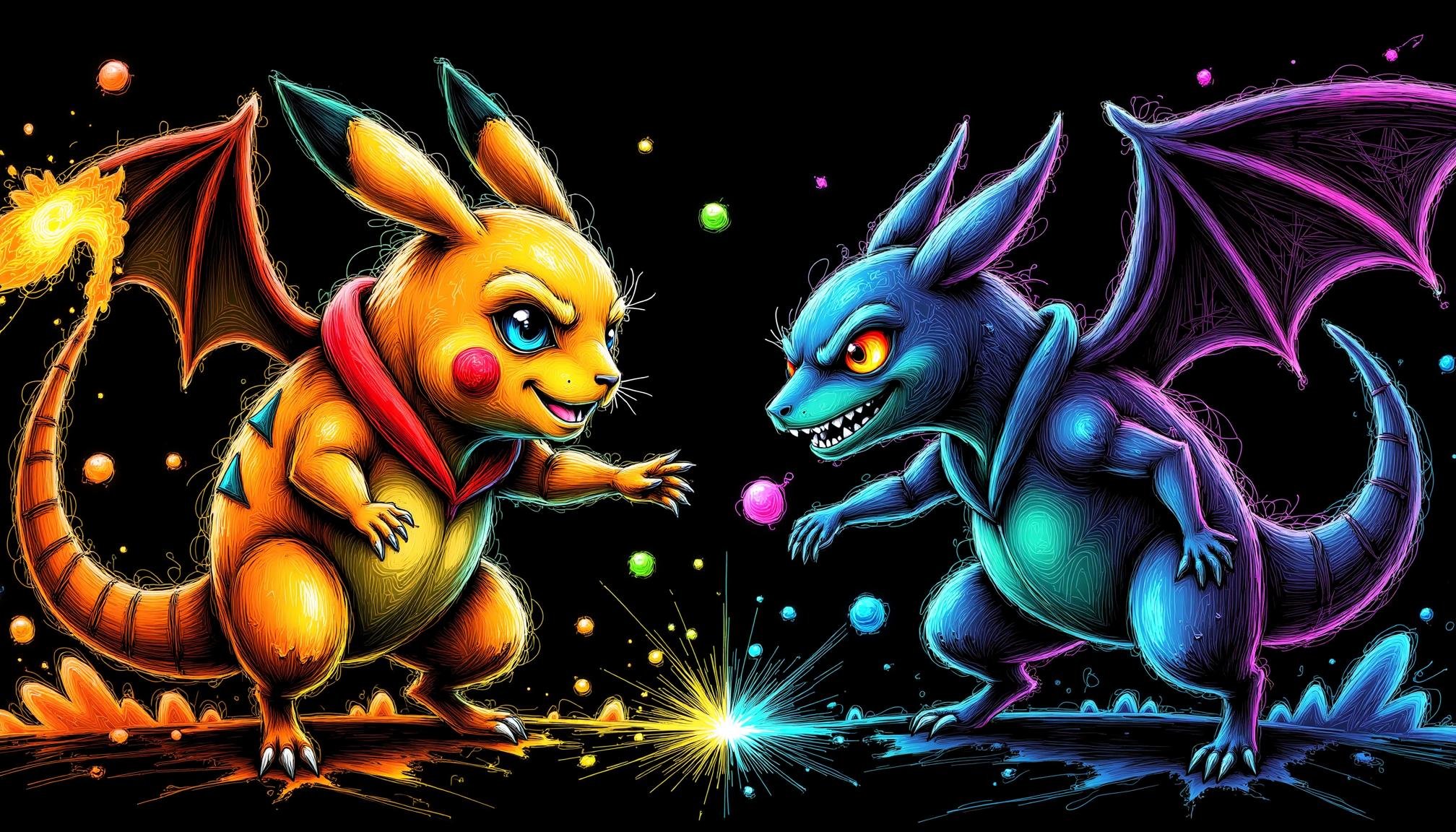 neon line art,  black background,  A lifelike depiction of Pikachu in a detailed wizard school uniform by KevenG on Tensor...