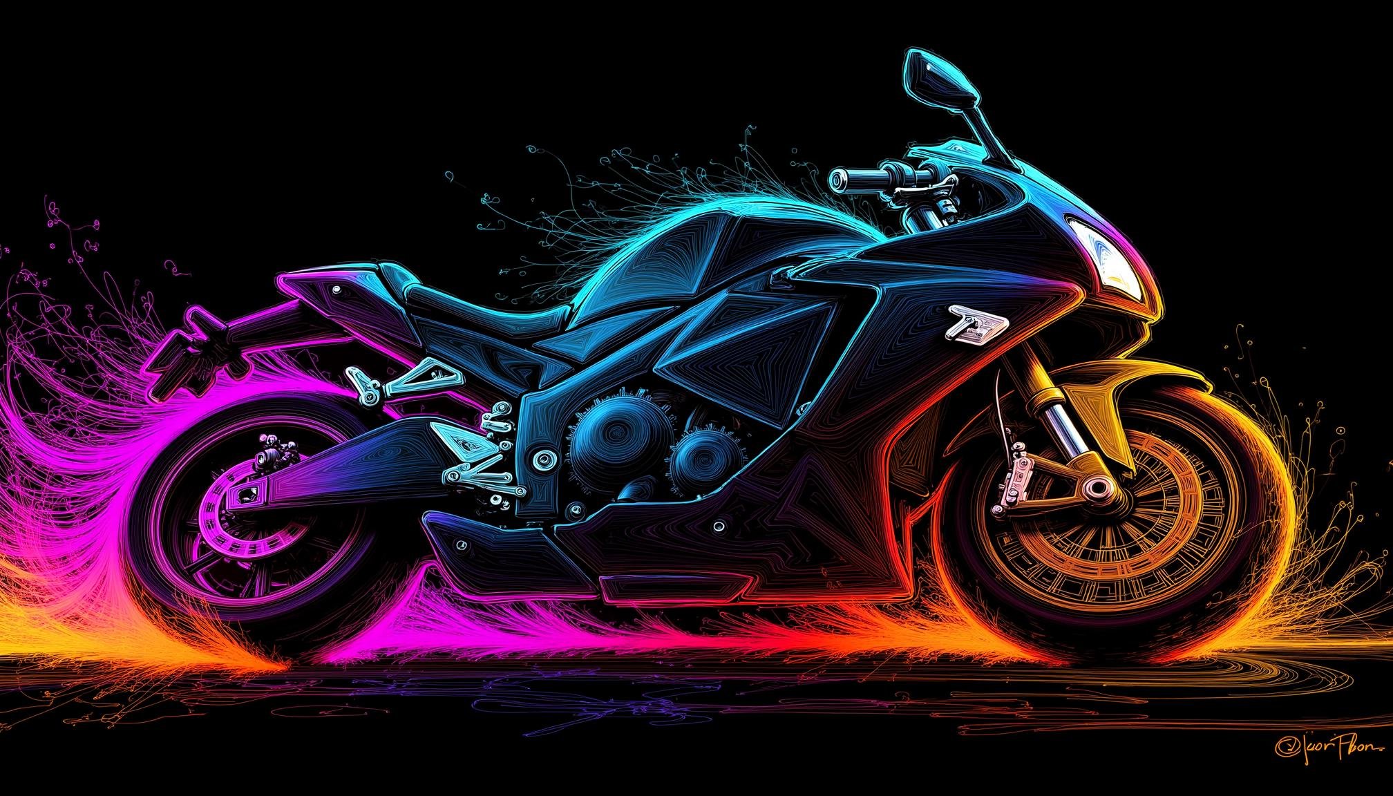 In a style emphasizing swirling motion trails and geometric dynamics,  a digital artwork showcases a sports motorcycle in...