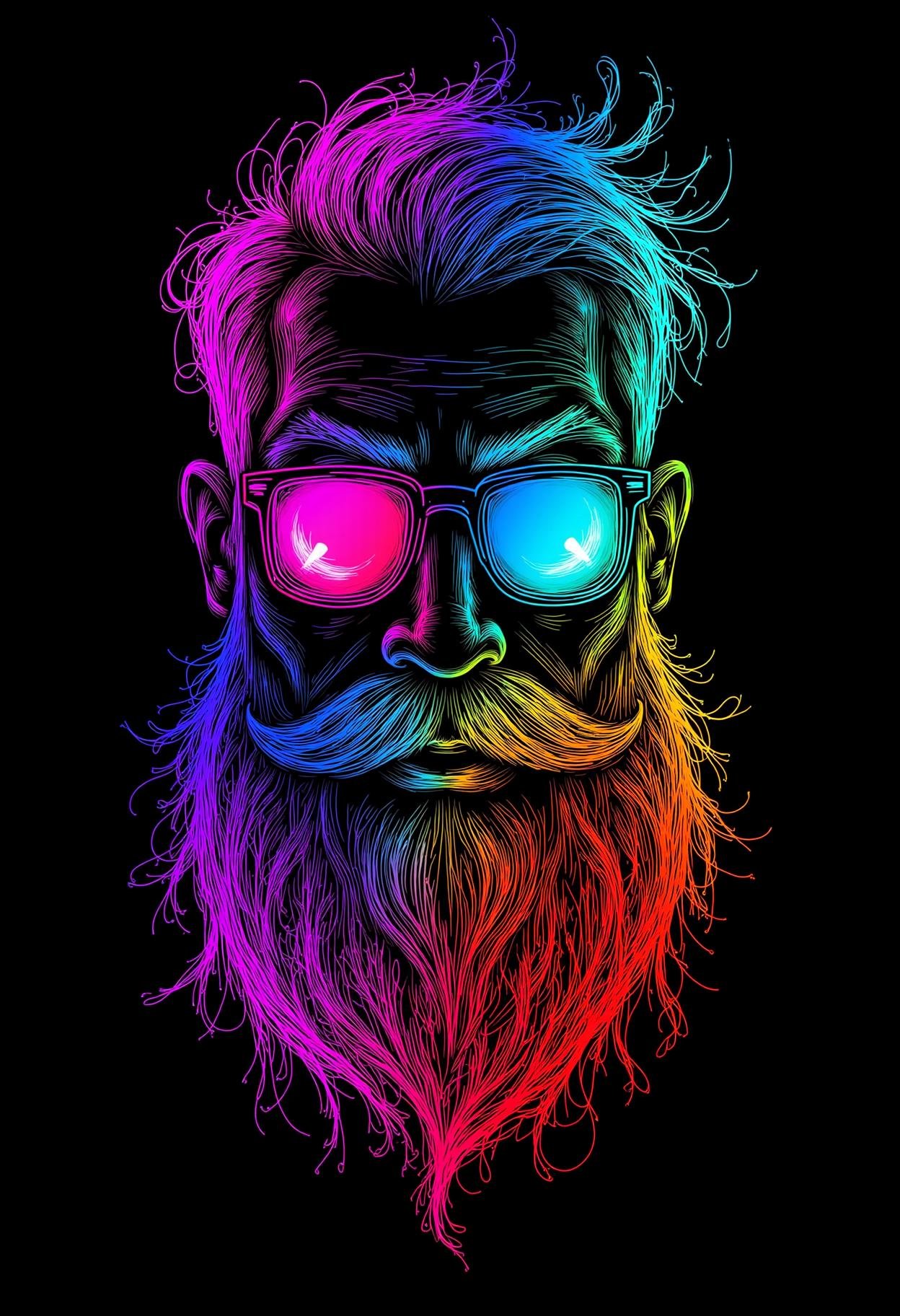 neon line art,  black background,  graphic of a beard with eyes and glasses and watermelon by KevenG on Tensor.Art