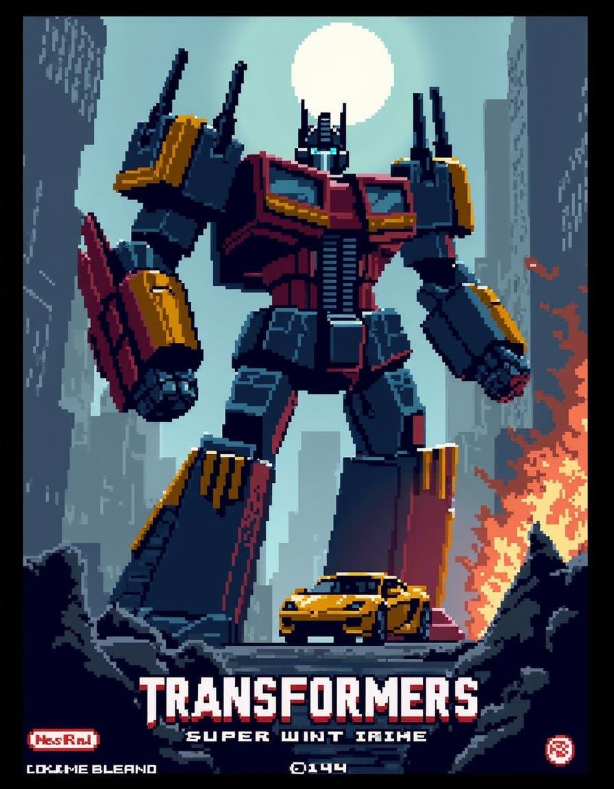 8-bit platformer screenshot of the game NESG4ME featuring a pixelated poster cover,  the word "Transformers" is right belo...