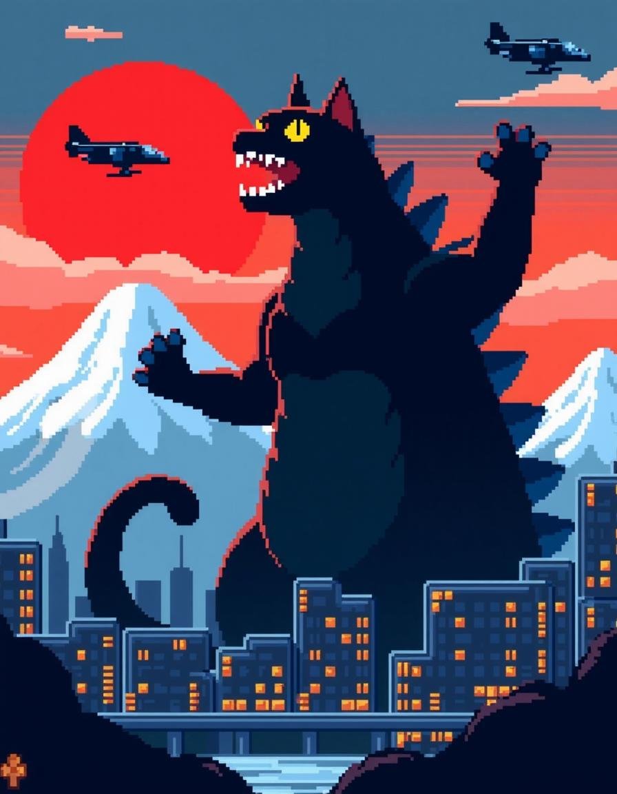 8-bit platformer screenshot of the game NESG4ME featuring a vector design featuring a giant black cat with yellow eyes,  s...