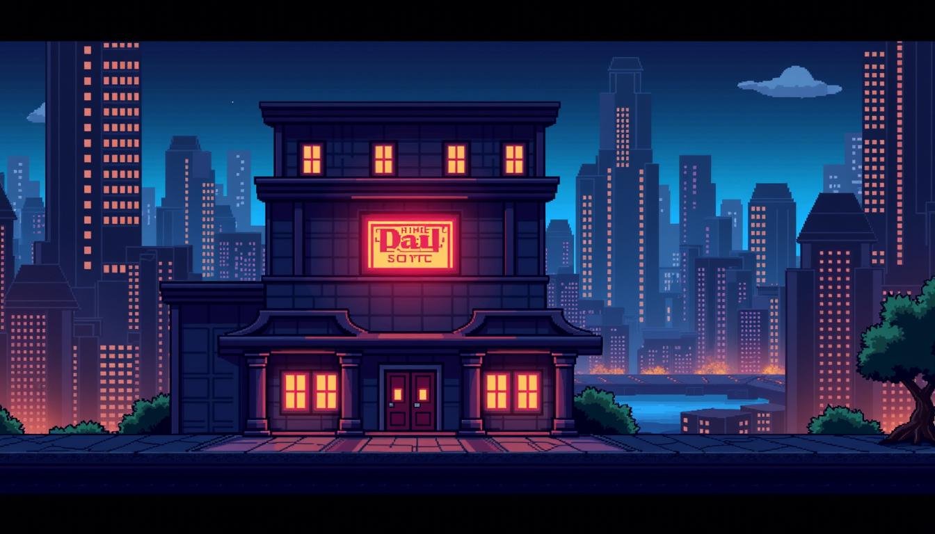 8-bit platformer screenshot of the game NESG4ME featuring live active movie,  realstic,  and futuristic architecture. The...