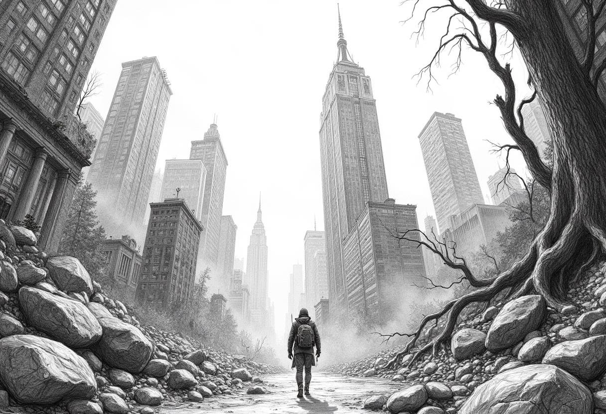 pencil drawing of a post-apocalyptic cityscape,  nature reclaiming crumbling skyscrapers. A lone survivor navigates the ov...