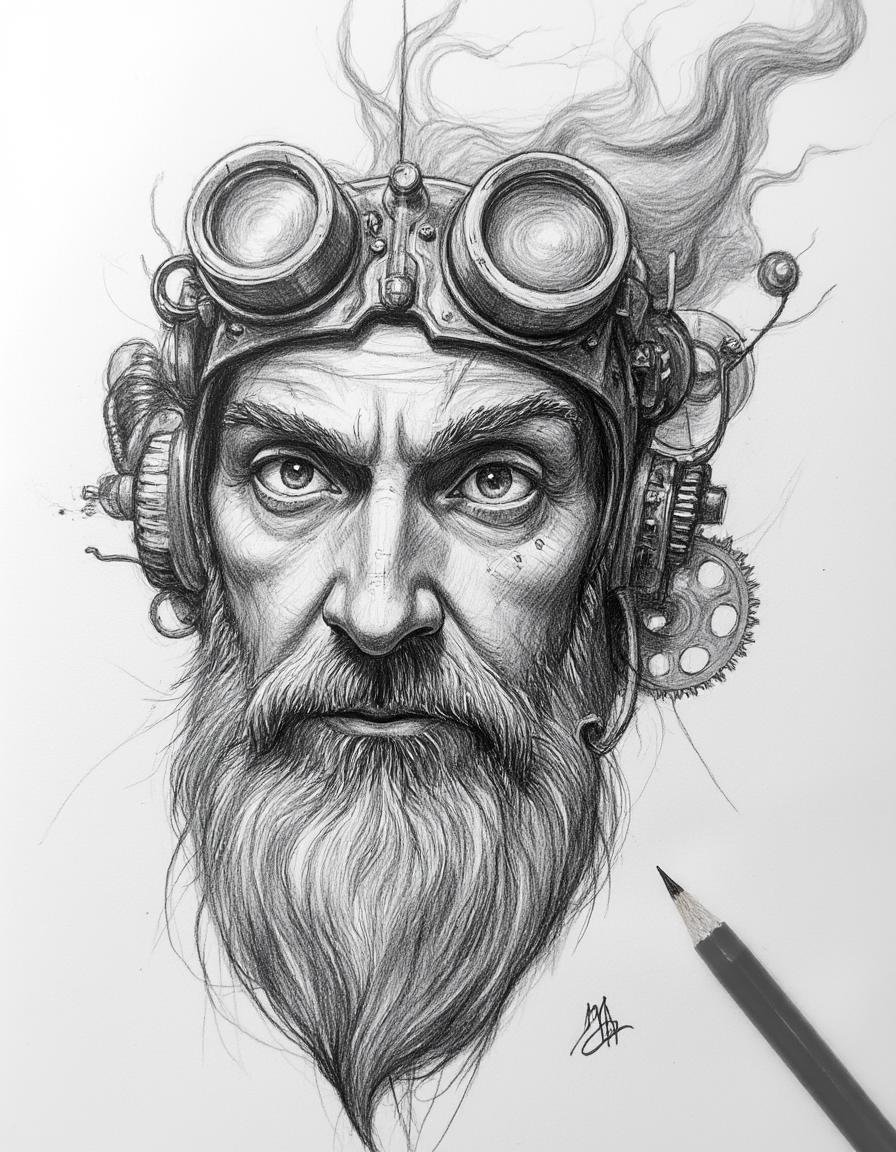 pencil drawing of a steampunk inventor,  their face adorned with intricate goggles and gears. Streaks of oil and determina...