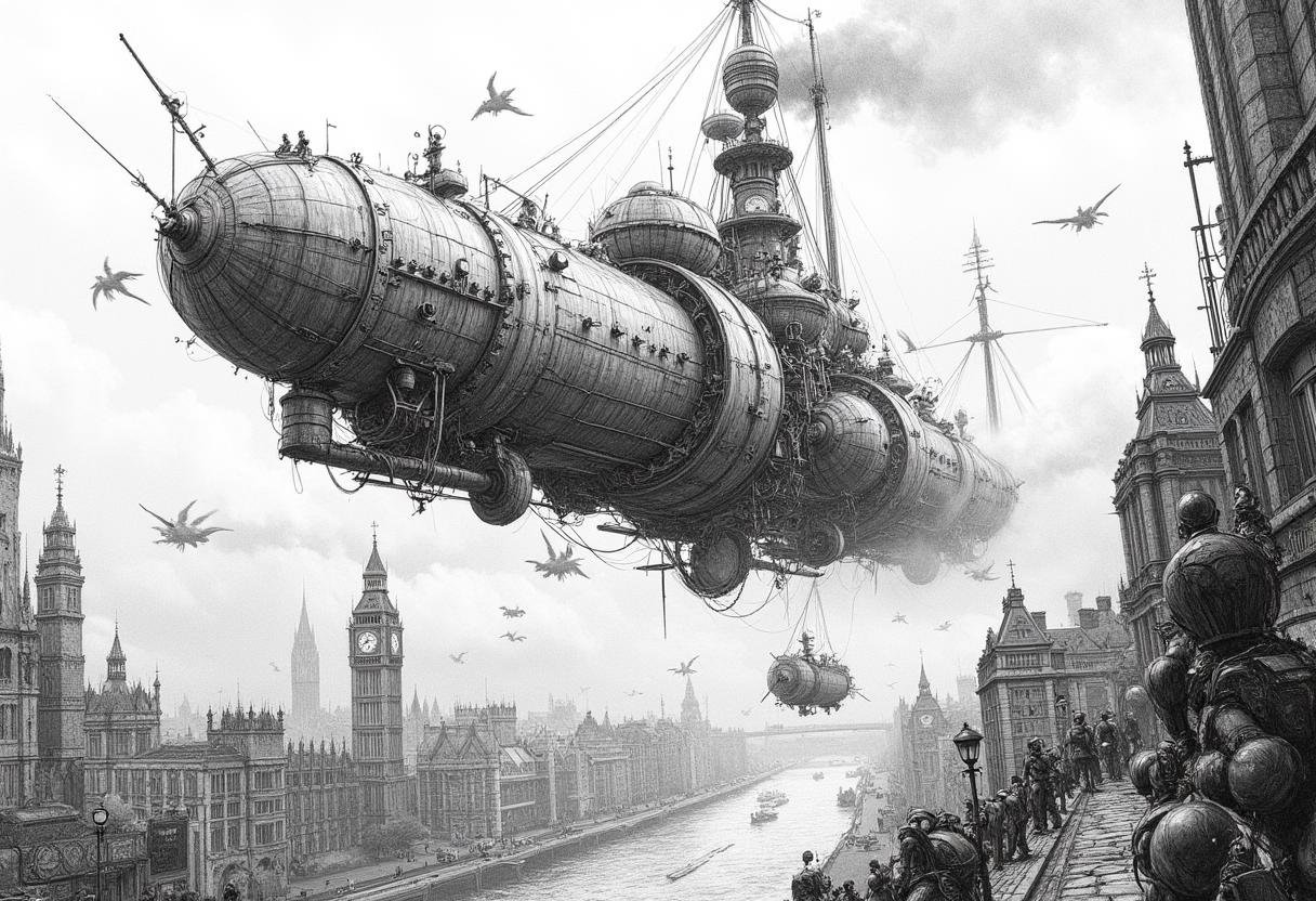 pencil drawing of a steampunk airship battle high above Victorian London. Intricate details of gears and steam pipes contr...