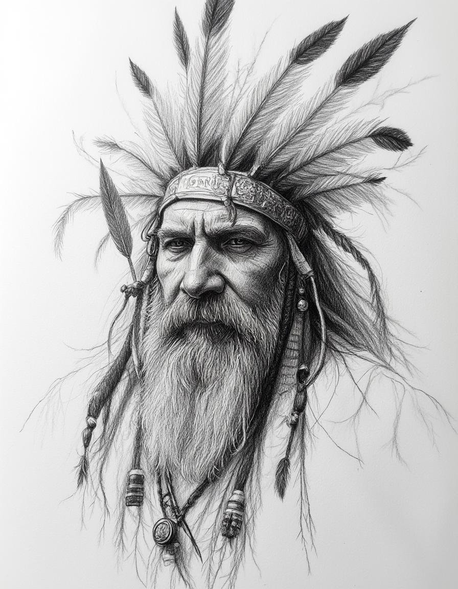 pencil drawing of a tribal warrior chief,  adorned with elaborate headdress and face paint,  exuding quiet strength and wi...