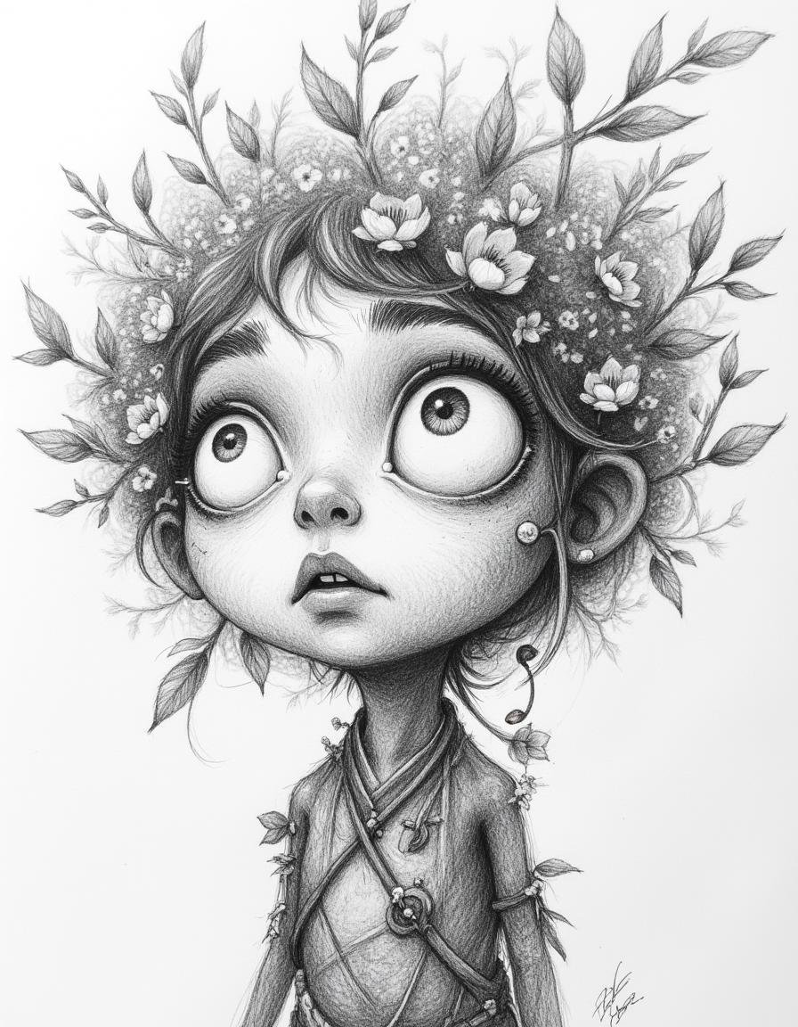 pencil drawing of a forest spirit manifesting as a young child,  flowers and leaves intertwined in their hair. Impossibly...