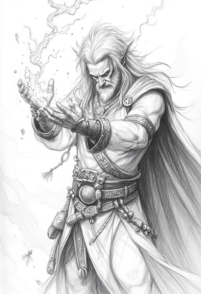 pencil drawing of an elven archmage casting a powerful spell. Energy crackles from fingertips covered in intricate rune ta...