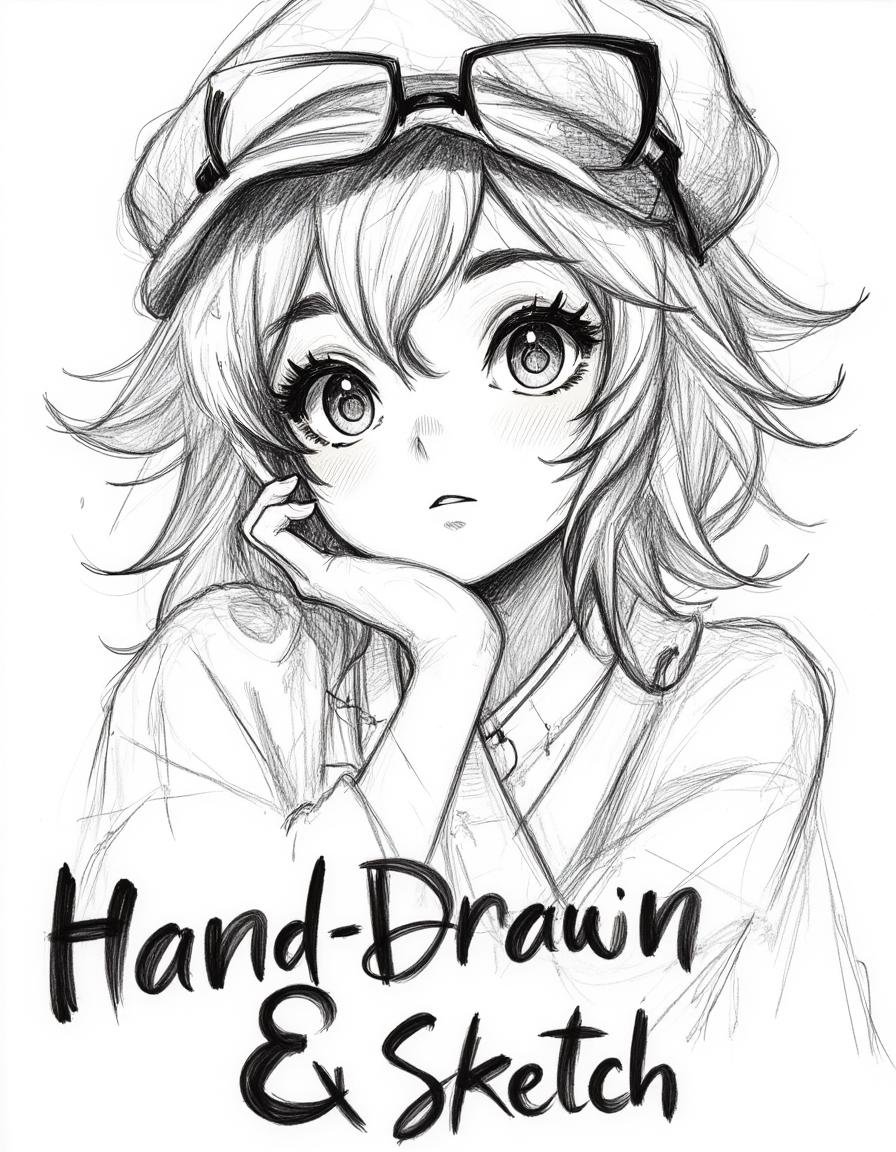 pencil drawing of an Expressive,  high-contrast black and white pencil drawing of a cute smiling womanwith a stylist hat a...