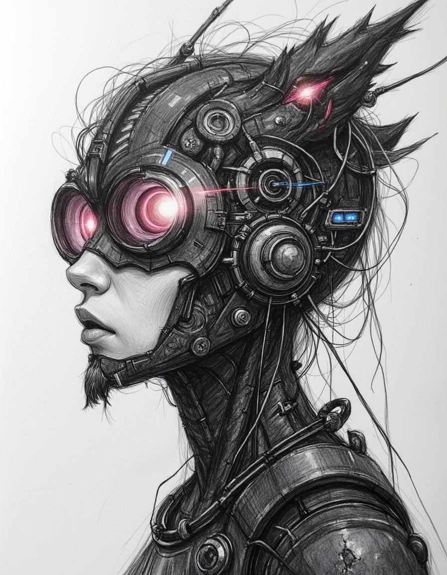 pencil drawing of a cyberpunk hacker,  face partially obscured by holographic displays,  neon reflections in their eyes by...