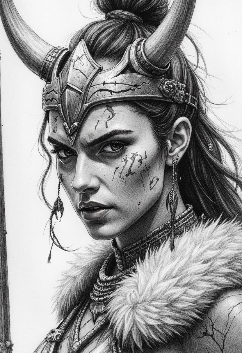 pencil drawing of a battle-scarred warrior queen with an intricate bone crown. Her fierce eyes and strong jaw are accentua...