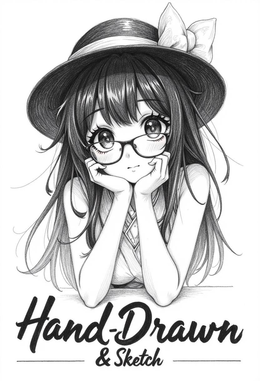 pencil drawing of an Expressive,  high-contrast black and white pencil drawing of a cute smiling womanwith a stylist hat a...