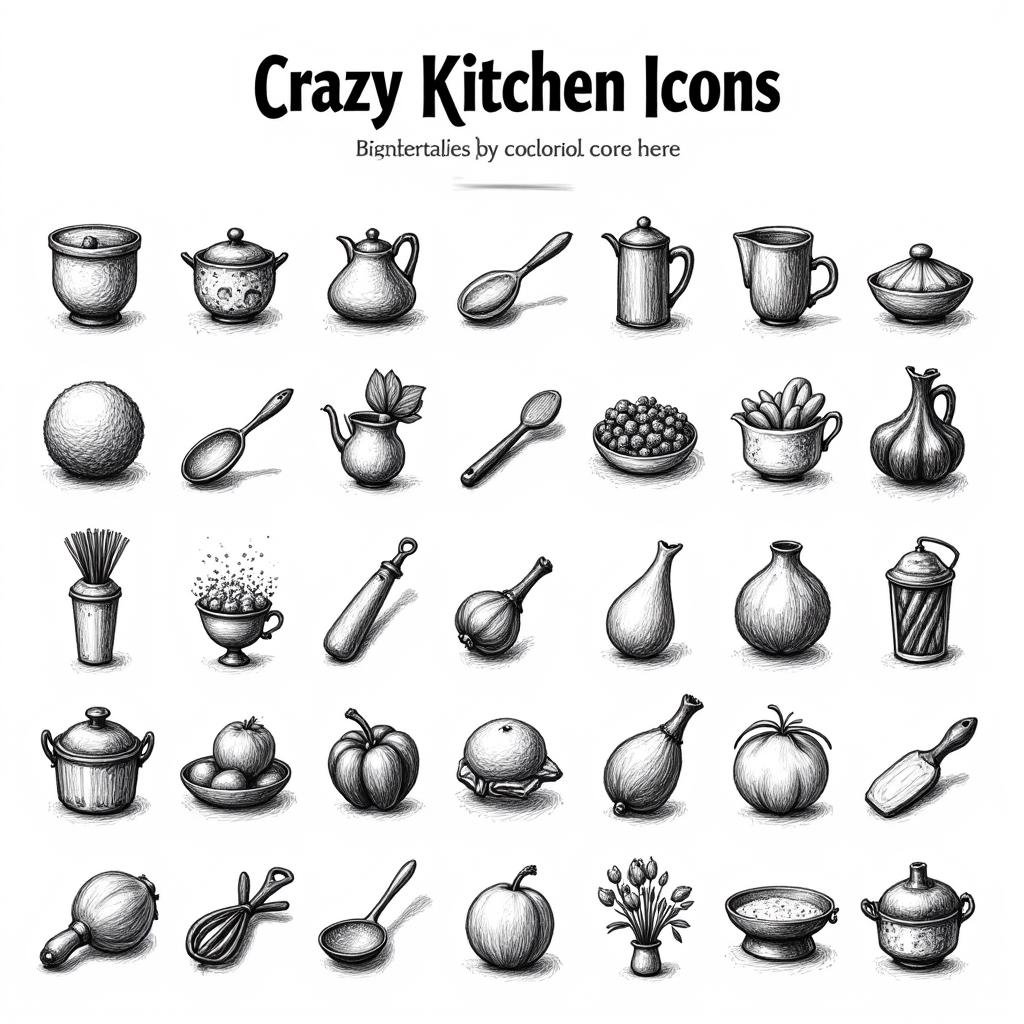 a black and white game icon sheet using pencil drawing style divided in two sections. The top section contains the title "...