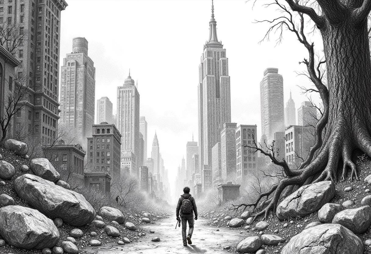 pencil drawing of a post-apocalyptic cityscape,  nature reclaiming crumbling skyscrapers. A lone survivor navigates the ov...