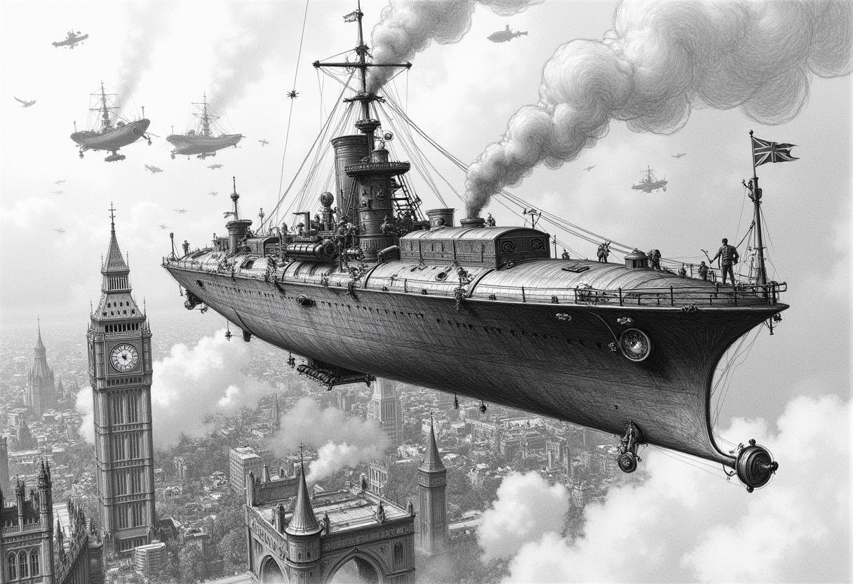 pencil drawing of a steampunk airship battle high above Victorian London. Intricate details of gears and steam pipes contr...