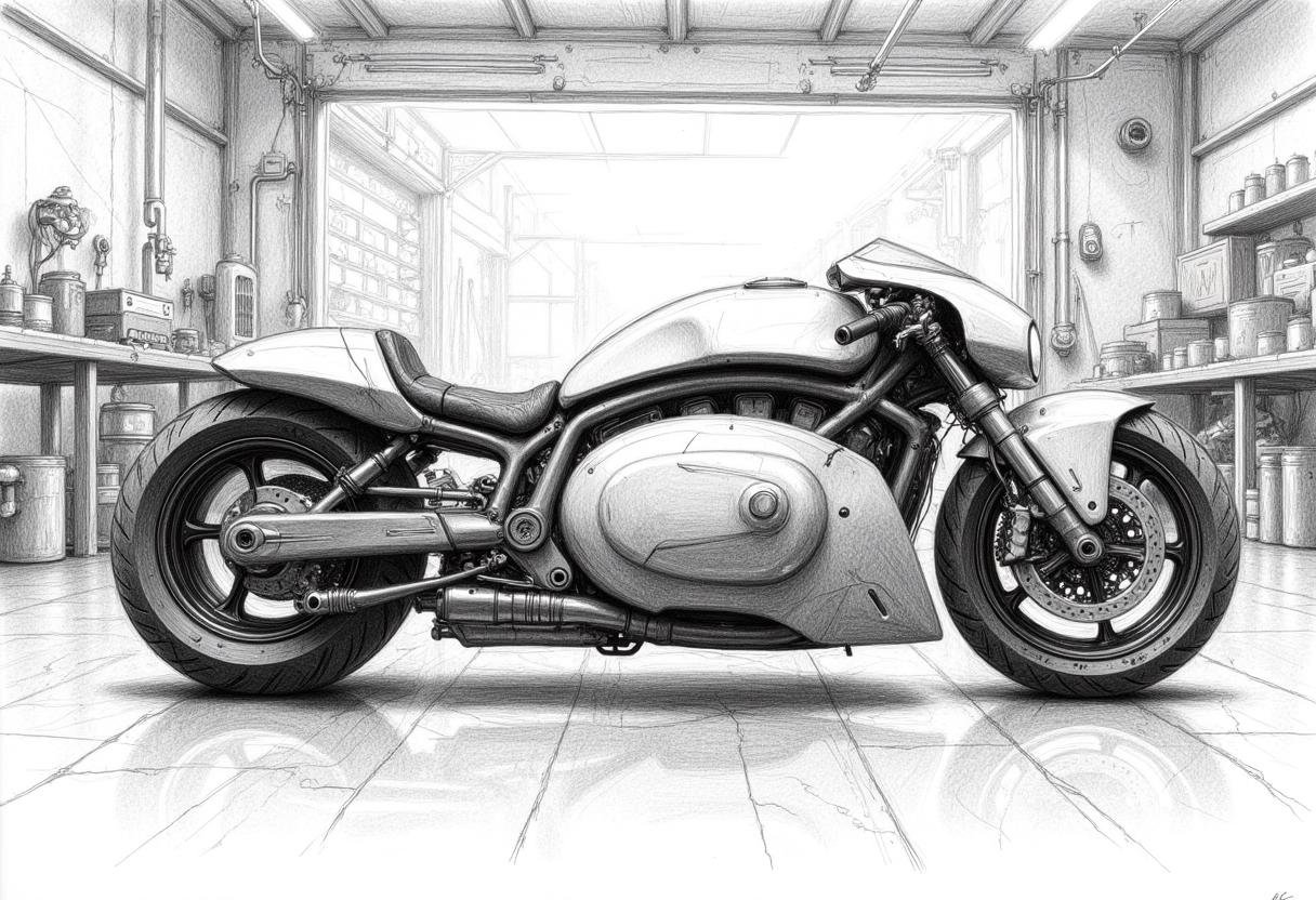 pencil drawing of side view,  sleek futurist moto in a mechanical garage,  tools by KevenG on Tensor.Art