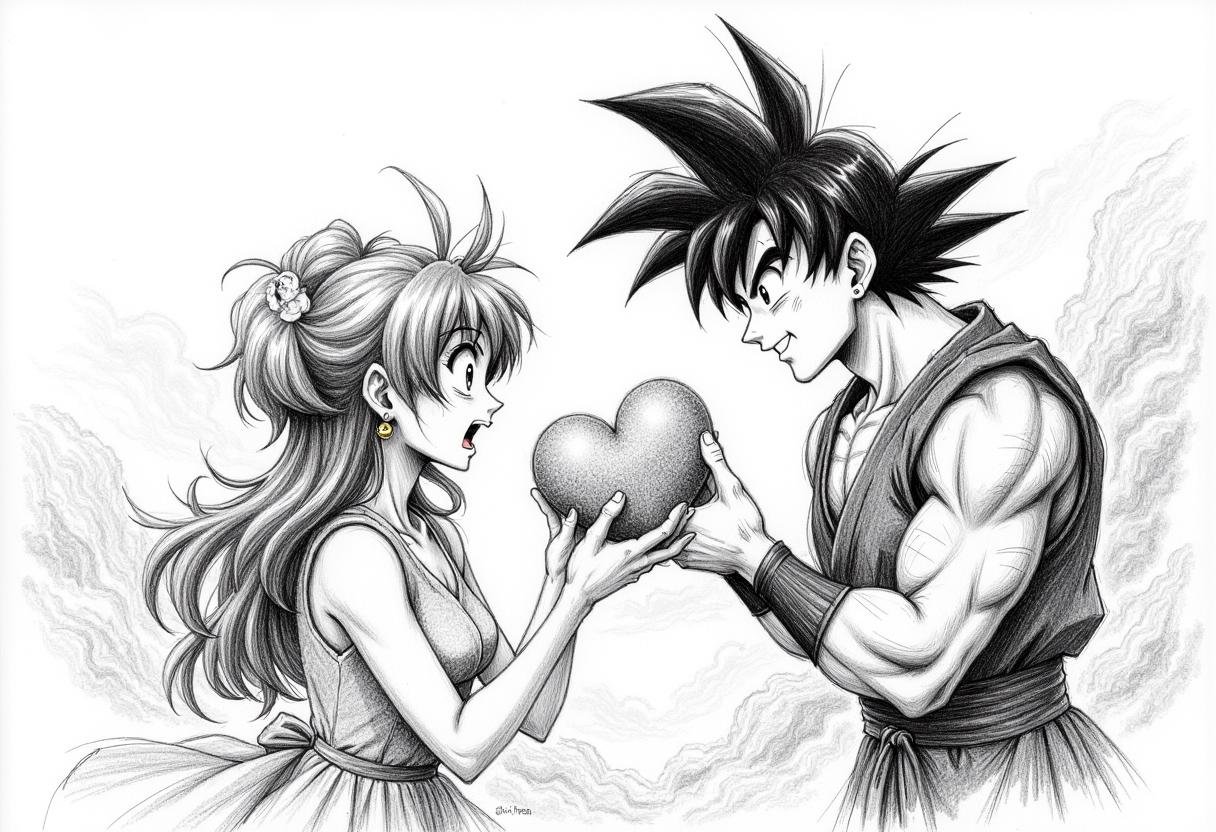 artistic pencil drawing of A scene from a Dragon Ball Z DVD,  drawn by Akira Toriyama,  showing a Sangoku offering a heart...