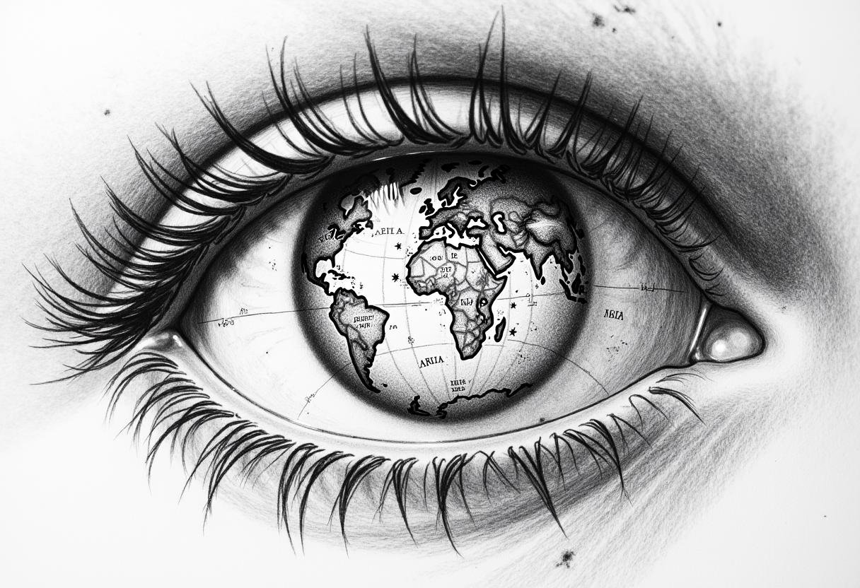 pencil drawing of a macro shot of a human eye. Embedded within the eye is an ancient map,  . The rest of the eye is depict...