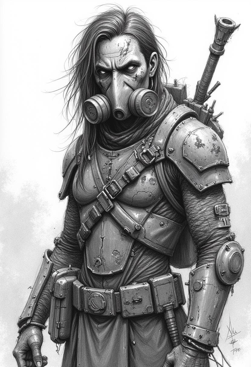 pencil drawing of a post-apocalyptic scavenger with a weathered,  scarred face. They wear makeshift armor cobbled together...