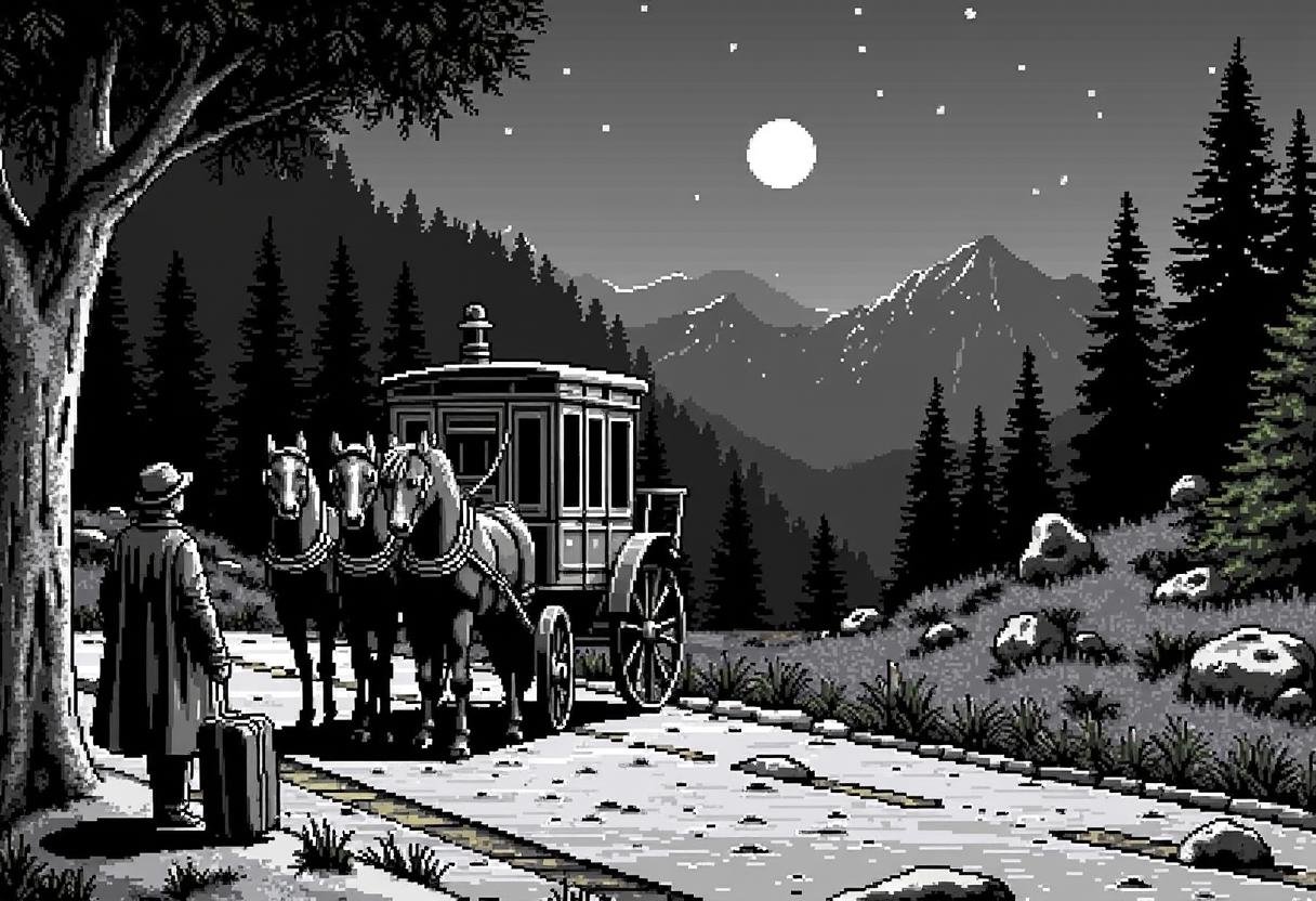 Retro 16-bit screenshot from a 16BITGAME pixelated game,  ,  a black and white edward gorey illustration of a man in old f...