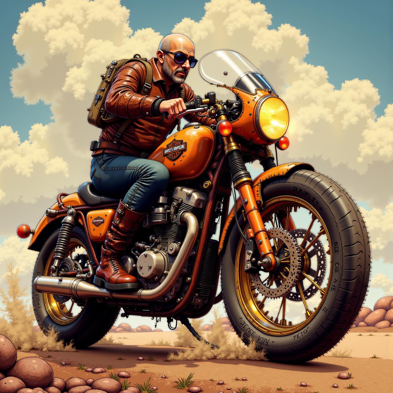 steampunk illustration,  danny devito riding a large harley davidson,  hyperrealism by KevenG on Tensor.Art