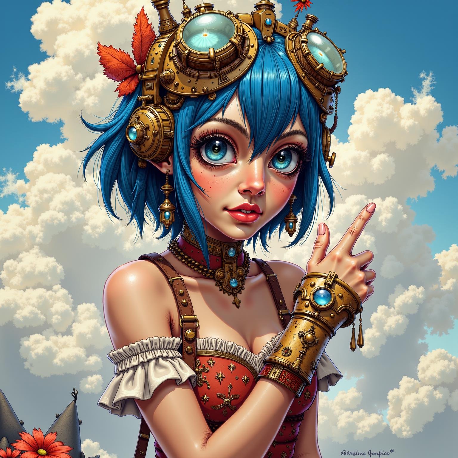 steampunk illustration,  a girl with short blue hair and blue eyes is sitting on a cloud,  anime style by KevenG on Tensor...