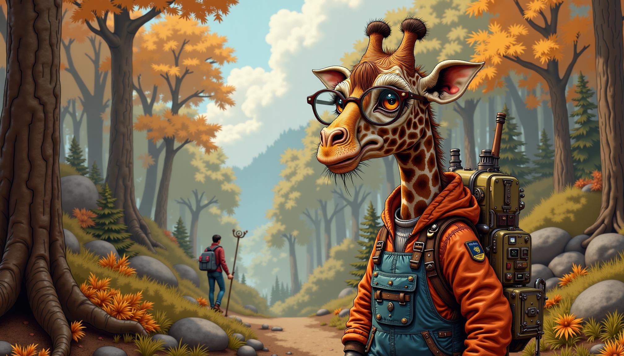 mecanical steampunk illustration,  screengrab from 1980s fantasy film. anthropomorphic giraffe on a hike in the woods. It...
