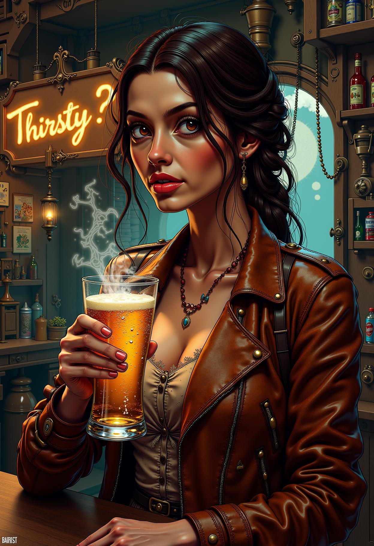 mechanical steampunk illustration,  an exquisite fusion of beauty wearing a classy leather jacket watching at the viewer,...