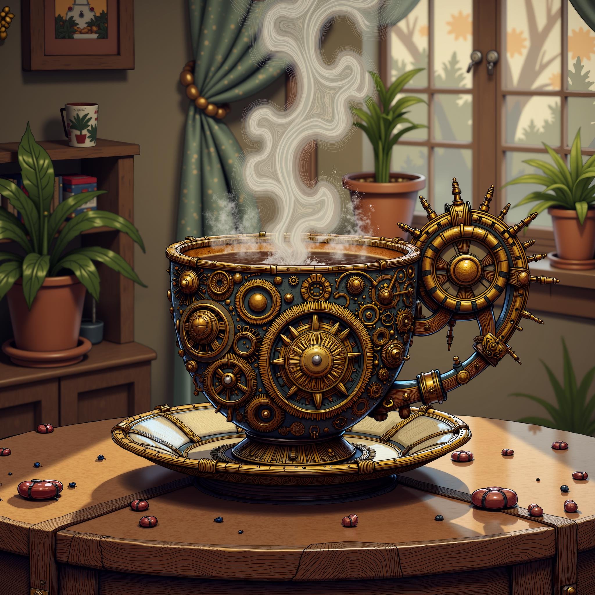 comic book,  Create a steampunk-themed image featuring a large,  uniquely design coffee cup integrated with mechanical gea...