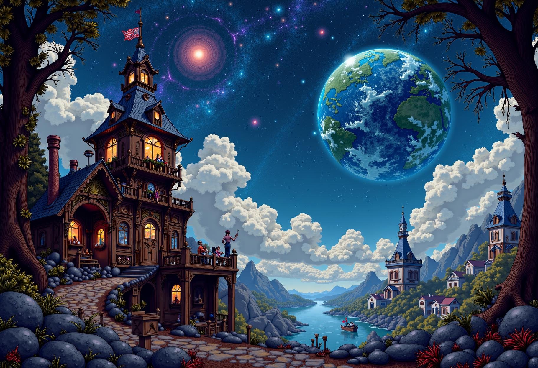 steampunk illustration,  the edge of the world has a view of our starry sky,  High fantasy by KevenG on Tensor.Art
