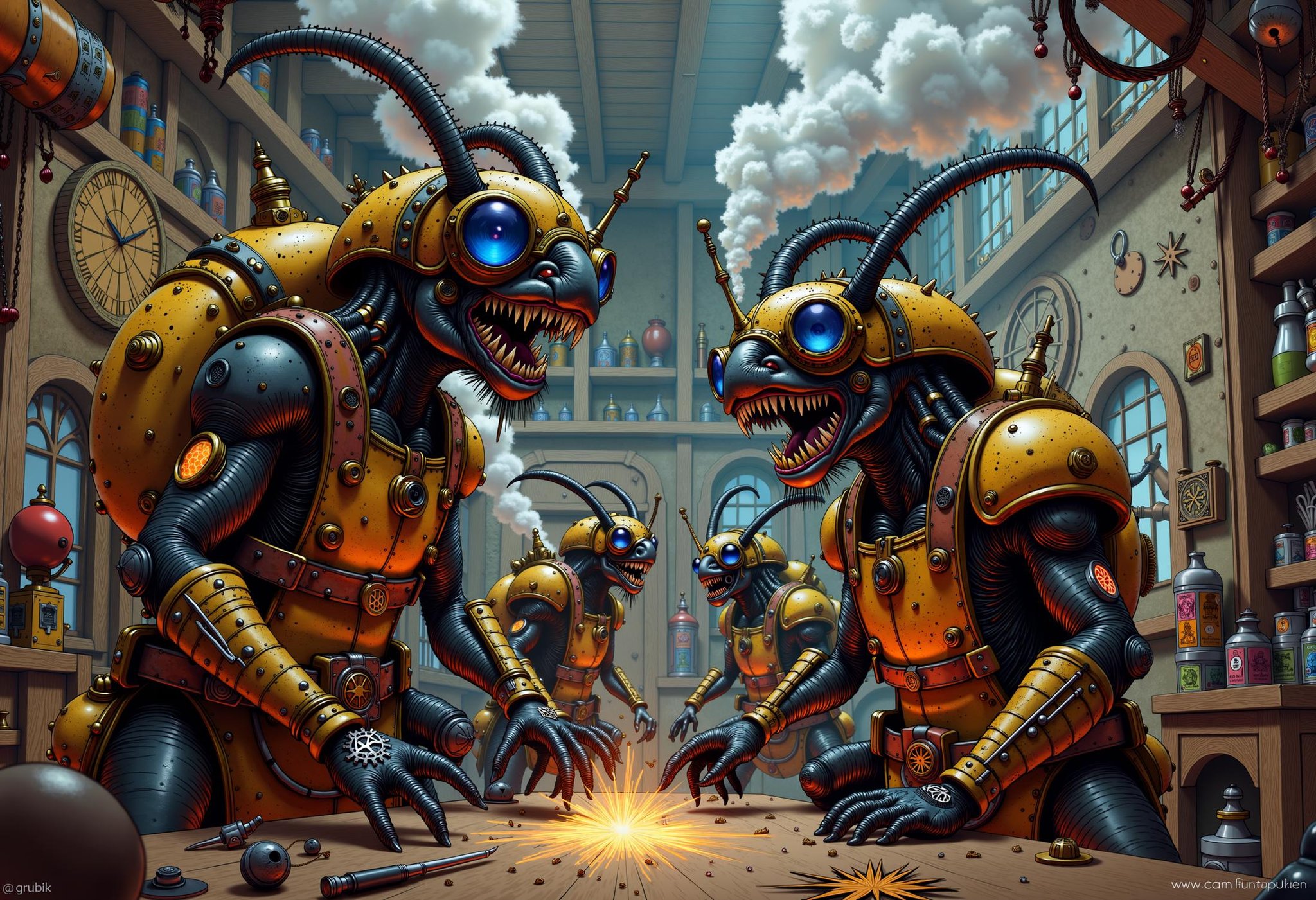 streampunk illustration,  Create an image depicting a steampunk-style factory where mechanical beetles are being assembled...