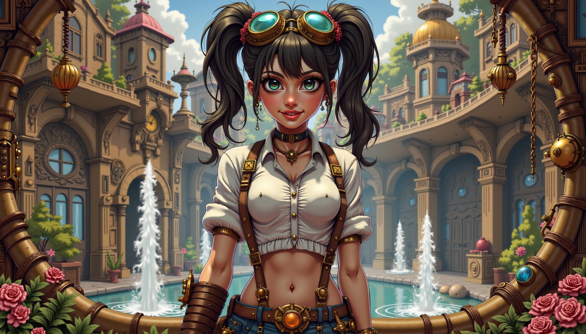 streampunk illustration of Close-Up PortraitFocus on the girl's gentle smile,  her eyes looking directly at the viewer,  w...