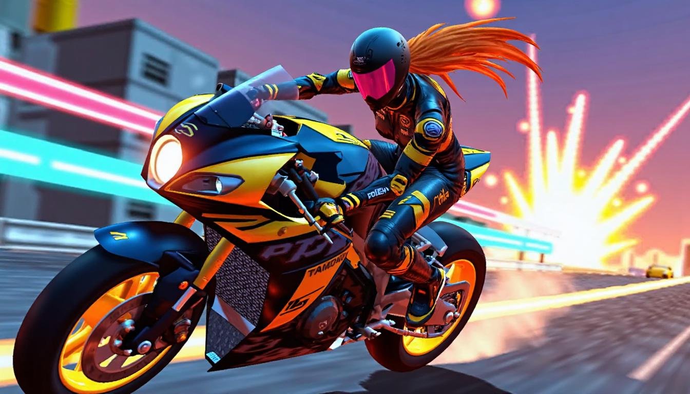 64-bit screenshot from a lowpoly 64BITGAME,  third-person viwe of a woman in a sleek motorcycle racing outfit in an epic r...