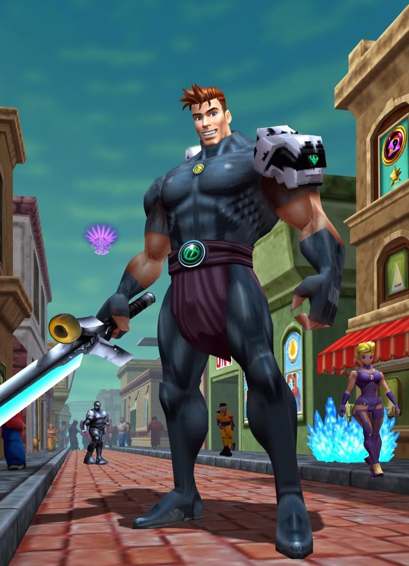 64-bit screenshot from a lowpoly 64BITGAME,  Towering,  muscular warrior man with a charismatic grin and chiseled physique...