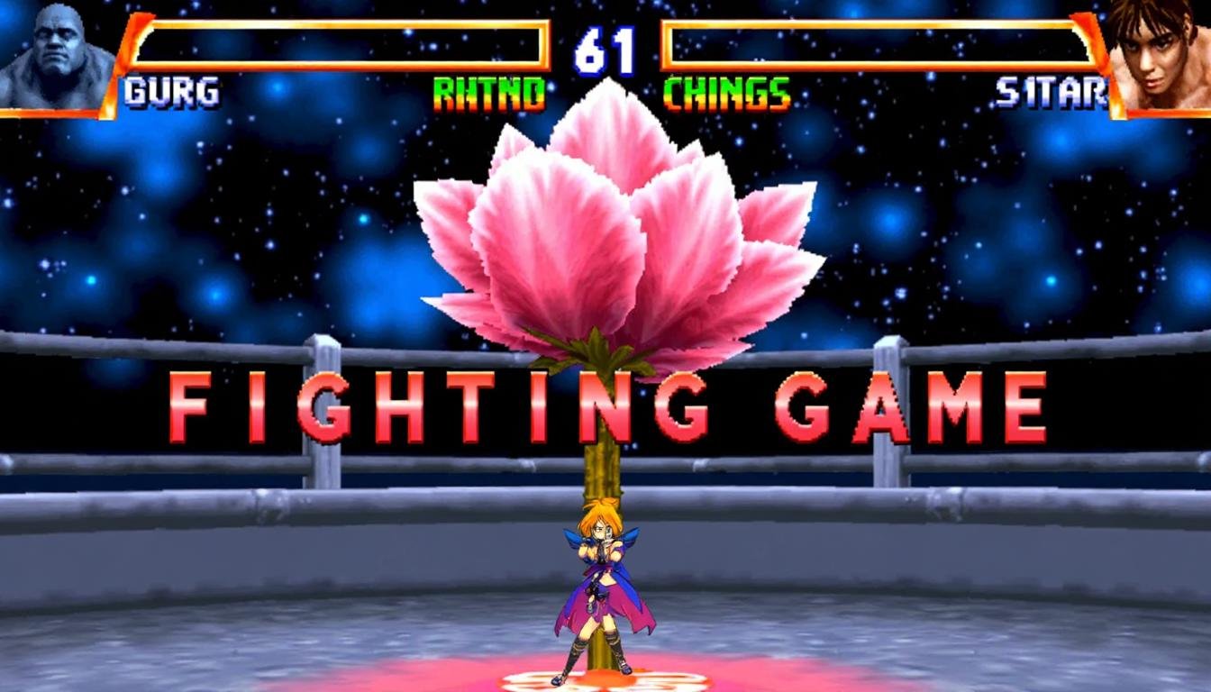 64-bit screenshot from a 64BITGAME,  Dark,  star-filled night sky with a single blooming cherry blossom in center by Keven...