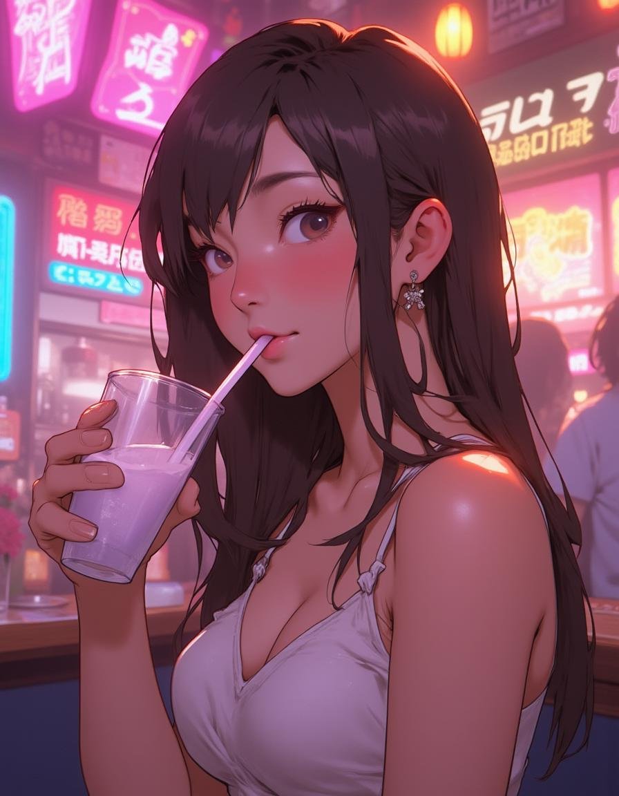 an anime NIJI artwork using muted colors,  soft blended shading and smooth lines,  an Asian woman drinking from a straw by...