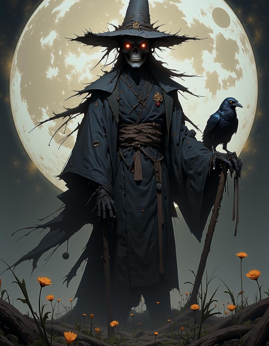 an anime NIJI artwork using muted colors,  A Japanese pangu depicted as a scarecrow stands ominously with a crow perched b...
