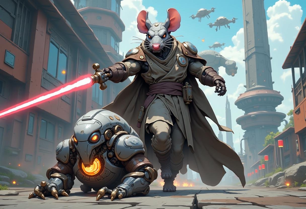 An NIJI anime artwork using muted colors,  Huge rat dressed as a Jedi strides triumphantly,  lightsaber in paw by KevenG o...