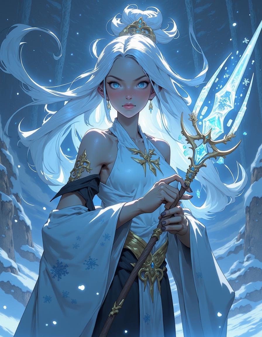 an anime NIJI artwork using muted colors,  Dark haunting portrait of sinister Snow Maiden in anime art style,  pale transl...