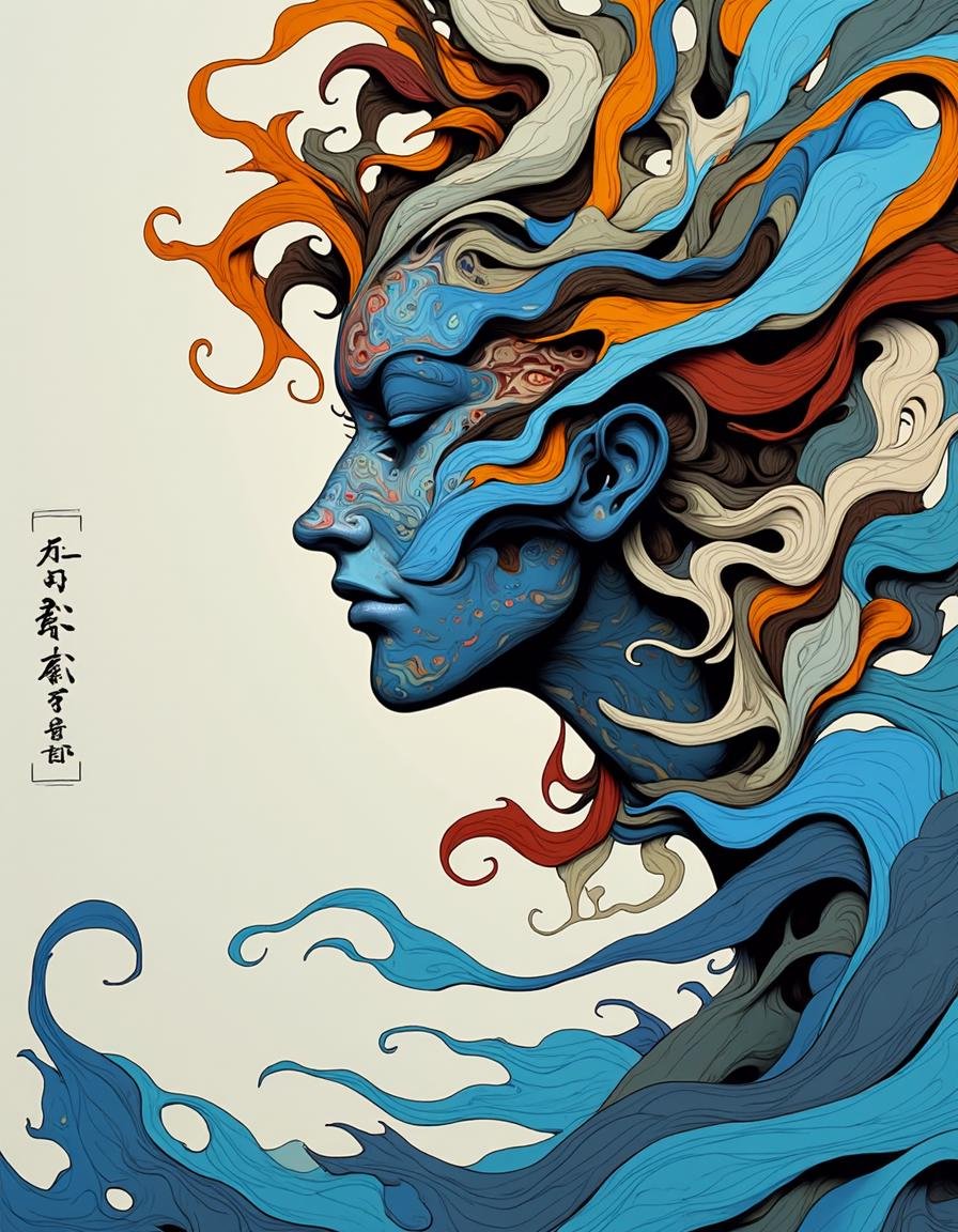 an anime NIJI artwork using muted colors,  Abstract art piece: Fluid,  a woman face amorphous shapes blending into each ot...