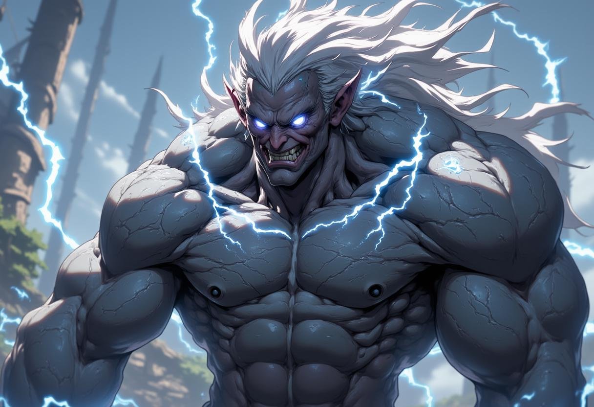 An NIJI anime artwork using muted colors,  A black humanoid made of rock stands barechested,  showcasing a muscular male u...