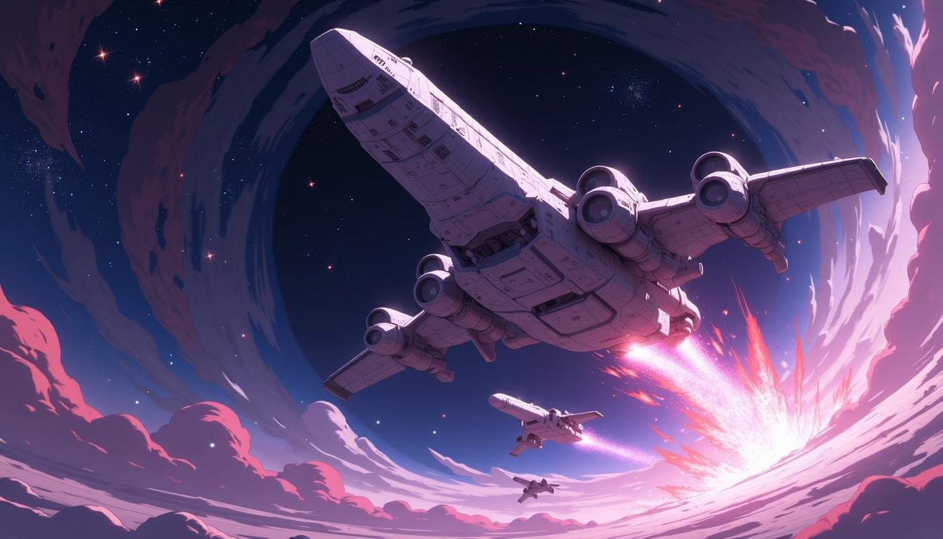 an anime NIJI artwork using muted colors,  soft blended shading and smooth lines,  A fleet of giant spaceships emerging fr...