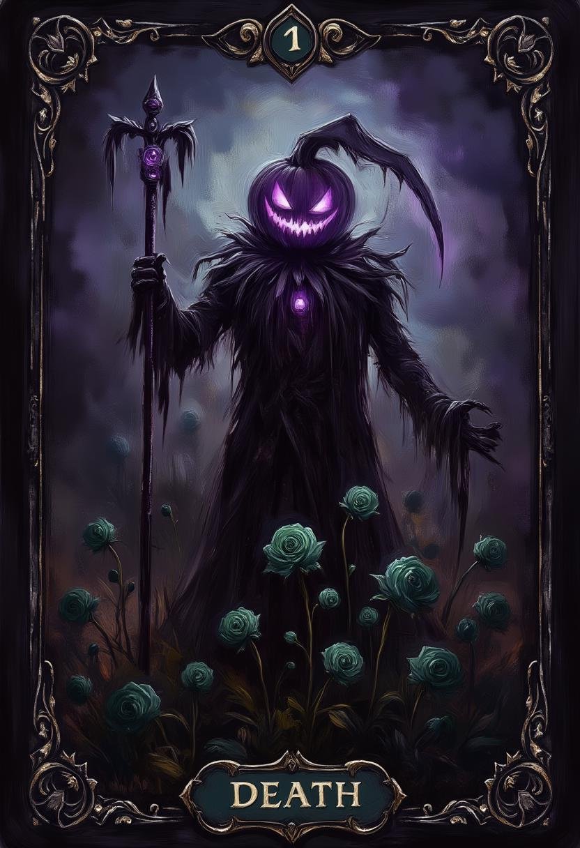 A dark,  mystical tarot card titled "Death." The card features a large scythe with J4CK in the center with a blade glowing...